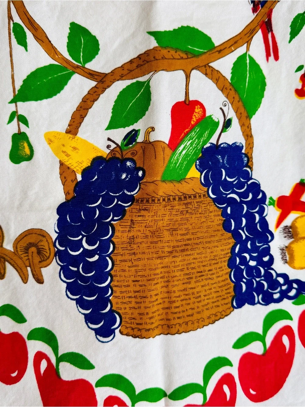 Vintage Whimsical Fruit & Harvest Basket Printed Tea Towel